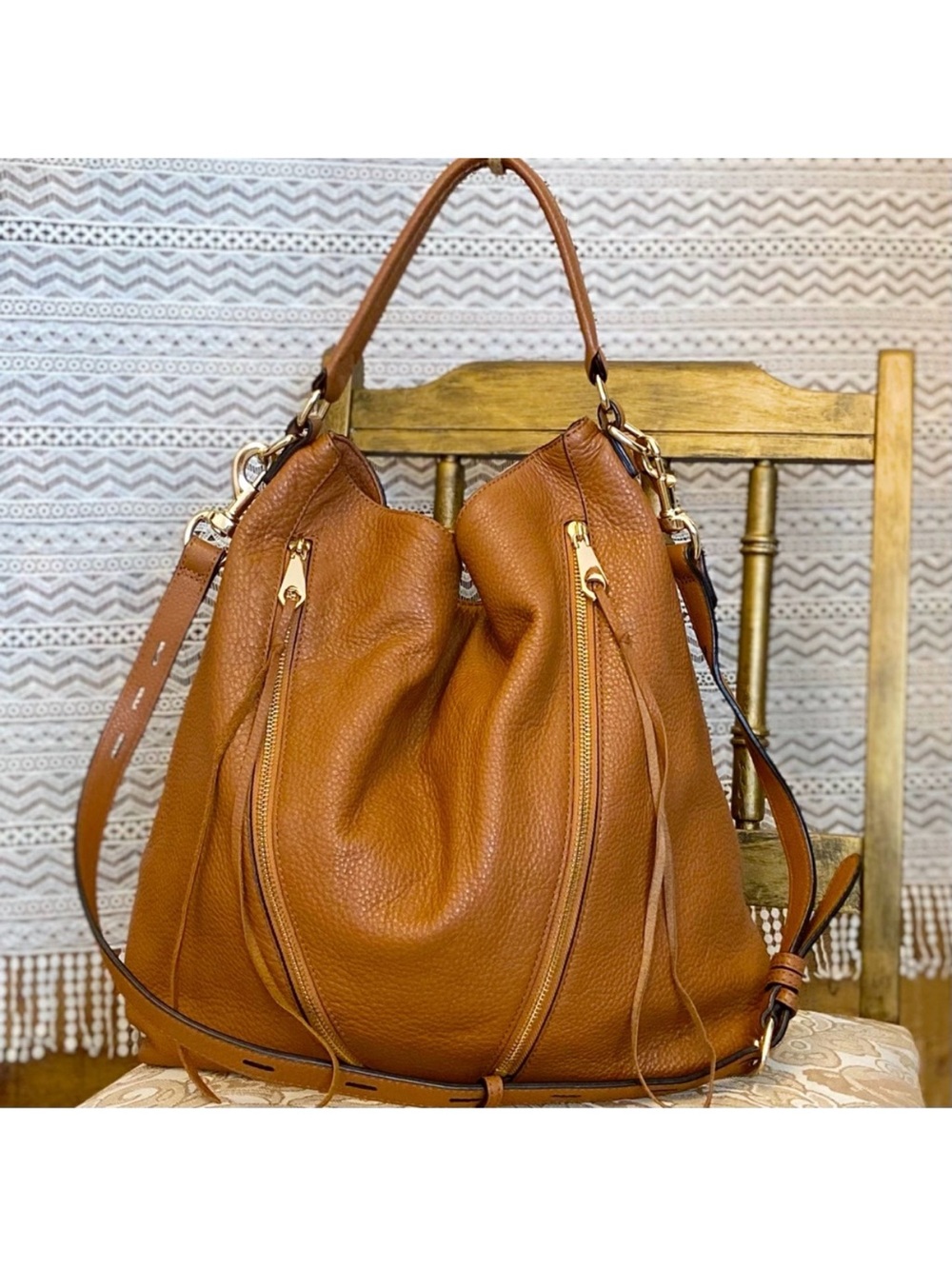 Rebecca Minkoff Double Zip Pebbled Leather Moto Hobo Bag with Gold Hardware